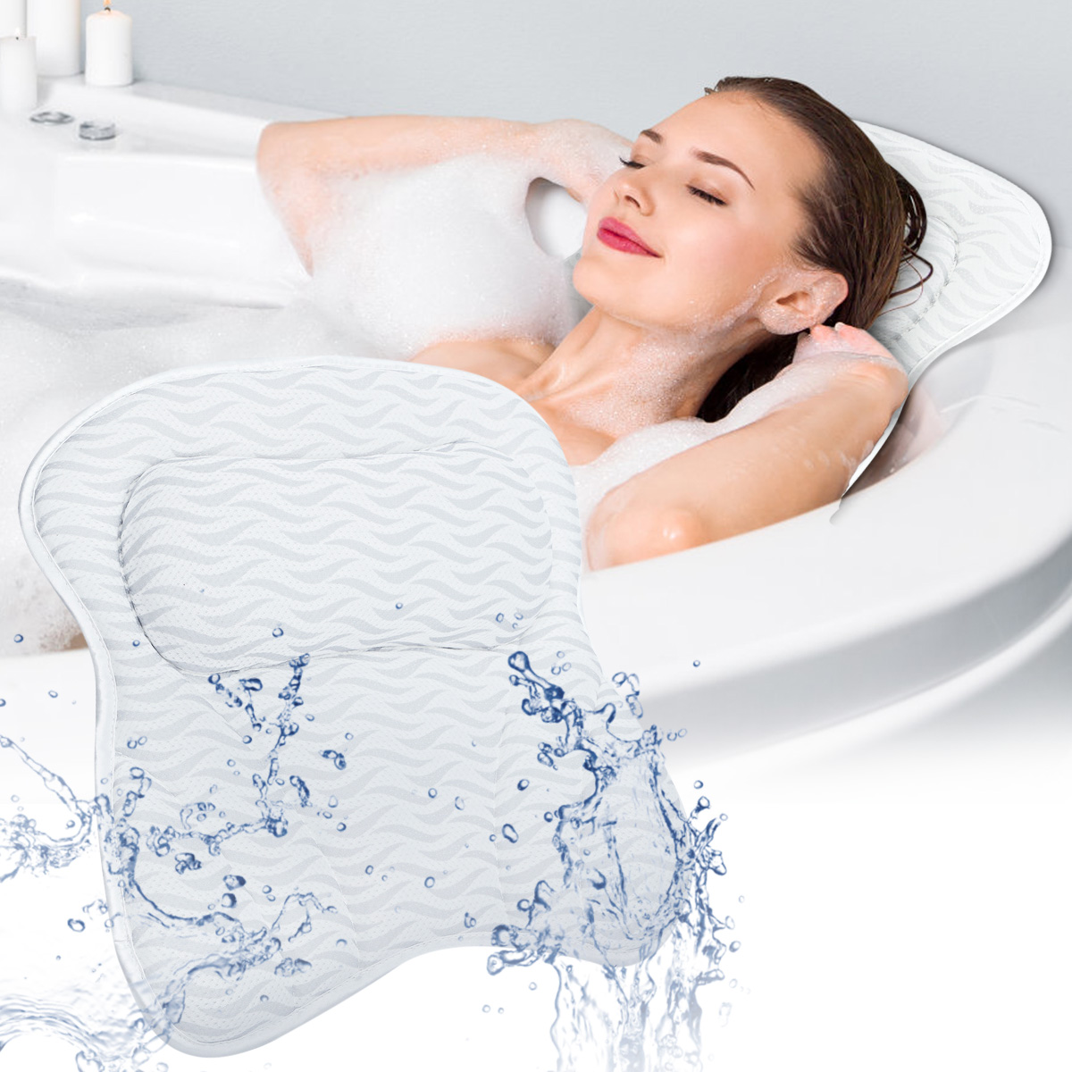 Bath Pillow for Tub Shoulder and Back Support Breathable 3D Air Mesh Spa Pillow with 6 Non Slip Suction Cups Perfect for Neck Head
